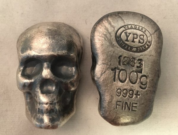 100 Gram YEAGER'S POURED SILVER SKULL (with patina)